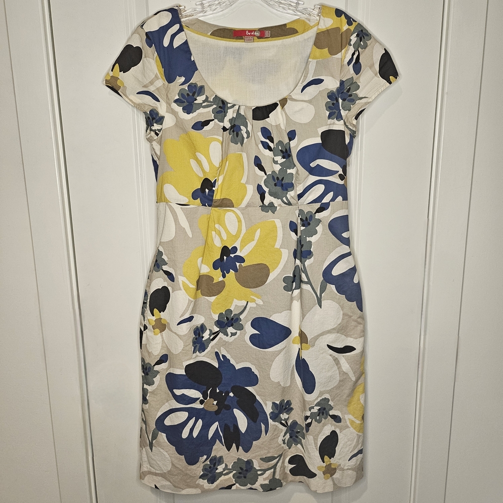 Boden Dress Floral Sheath Mini US 6 Cotton Lined Pockets Blue Yellow Summer - Picture 2 of 10